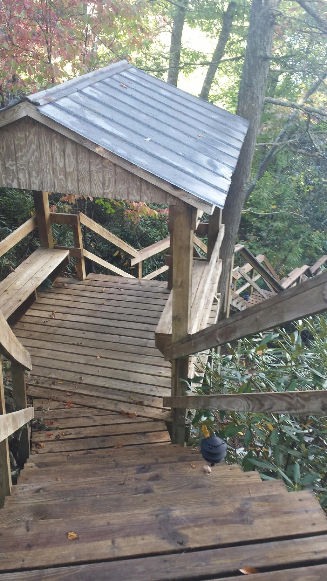 Metal roofed shelter over wooden steps on a wooded walkway — Skylight Repair & Installation work by our crew in Laurens